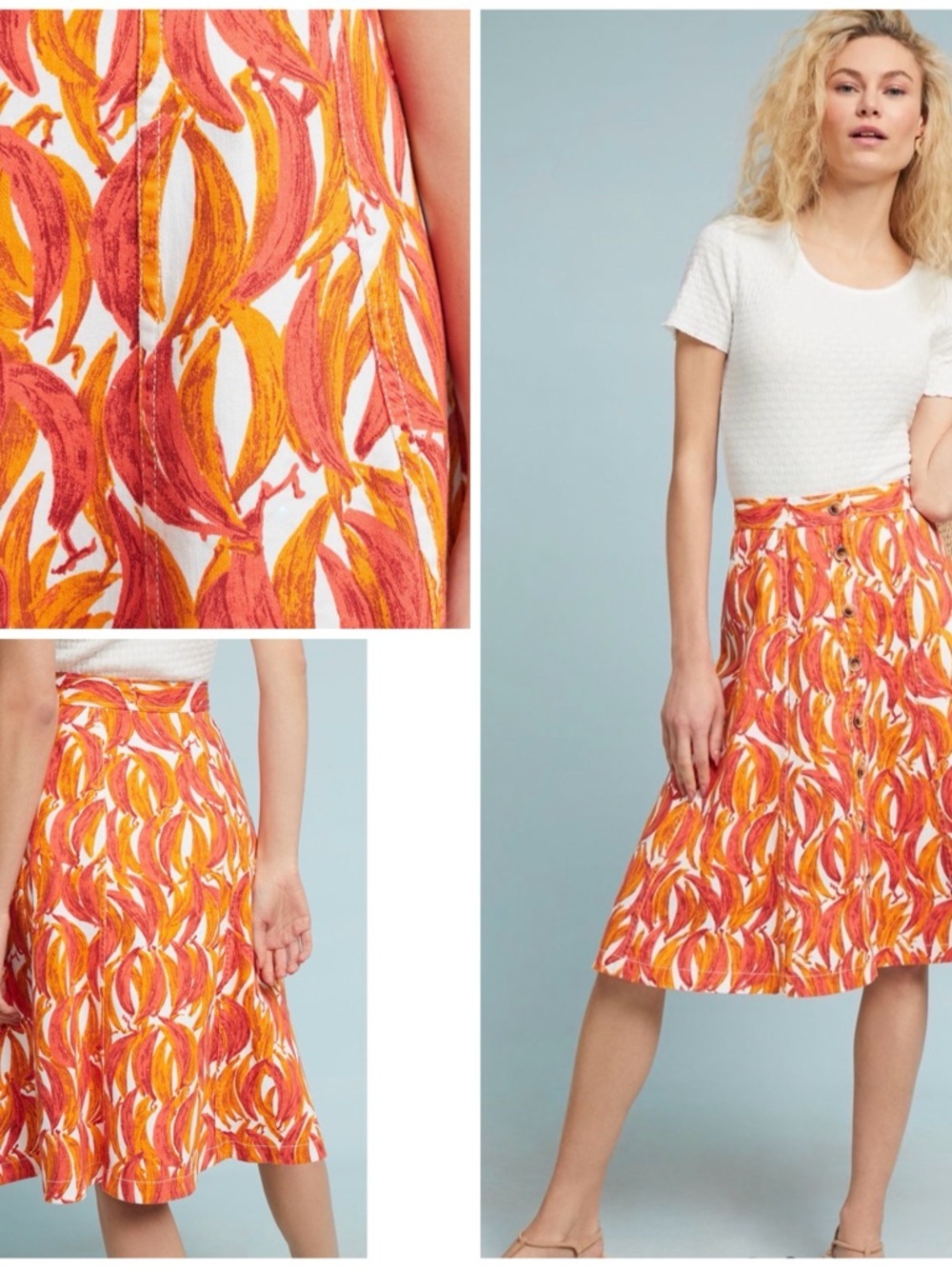 EUC Anthropologie Maeve Banana Grove Fruit Button A-line Denim Midi Skirt 2​